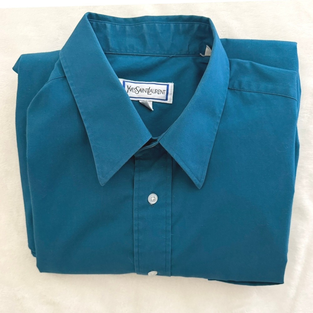 Yves Saint Laurent Button Down Shirt Mens 16 32-33 Teal Blue Luxury YSL Shirt